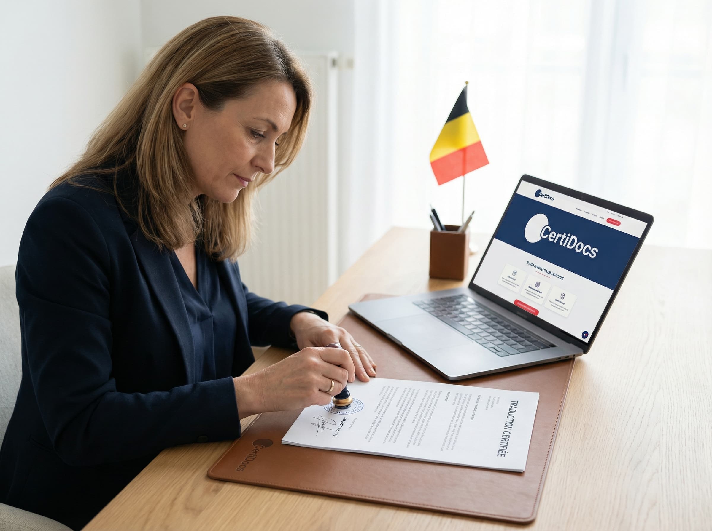 Traductrice jurée CertiDocs apposant son cachet officiel sur un document de traduction certifiée, avec un ordinateur portable affichant le site CertiDocs et un drapeau belge en arrière-plan
