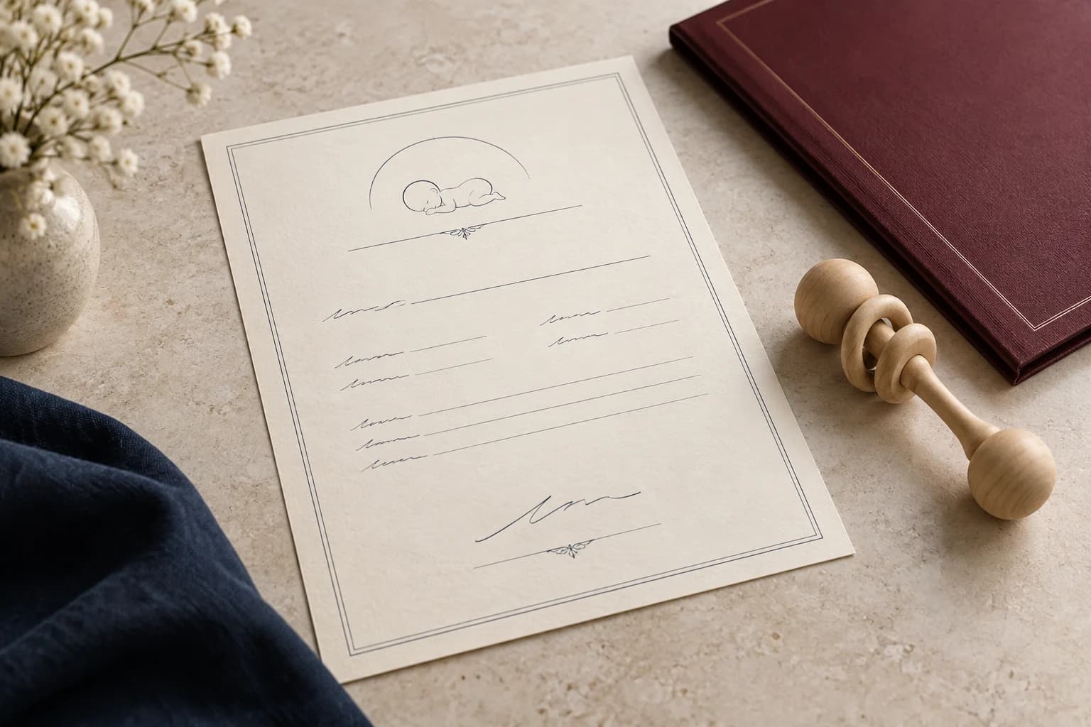Illustrative birth certificate on a desk with baby accessories.