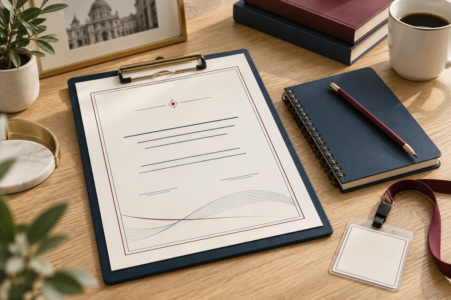 Illustrative certificate on a clipboard with notebook and blank badge.