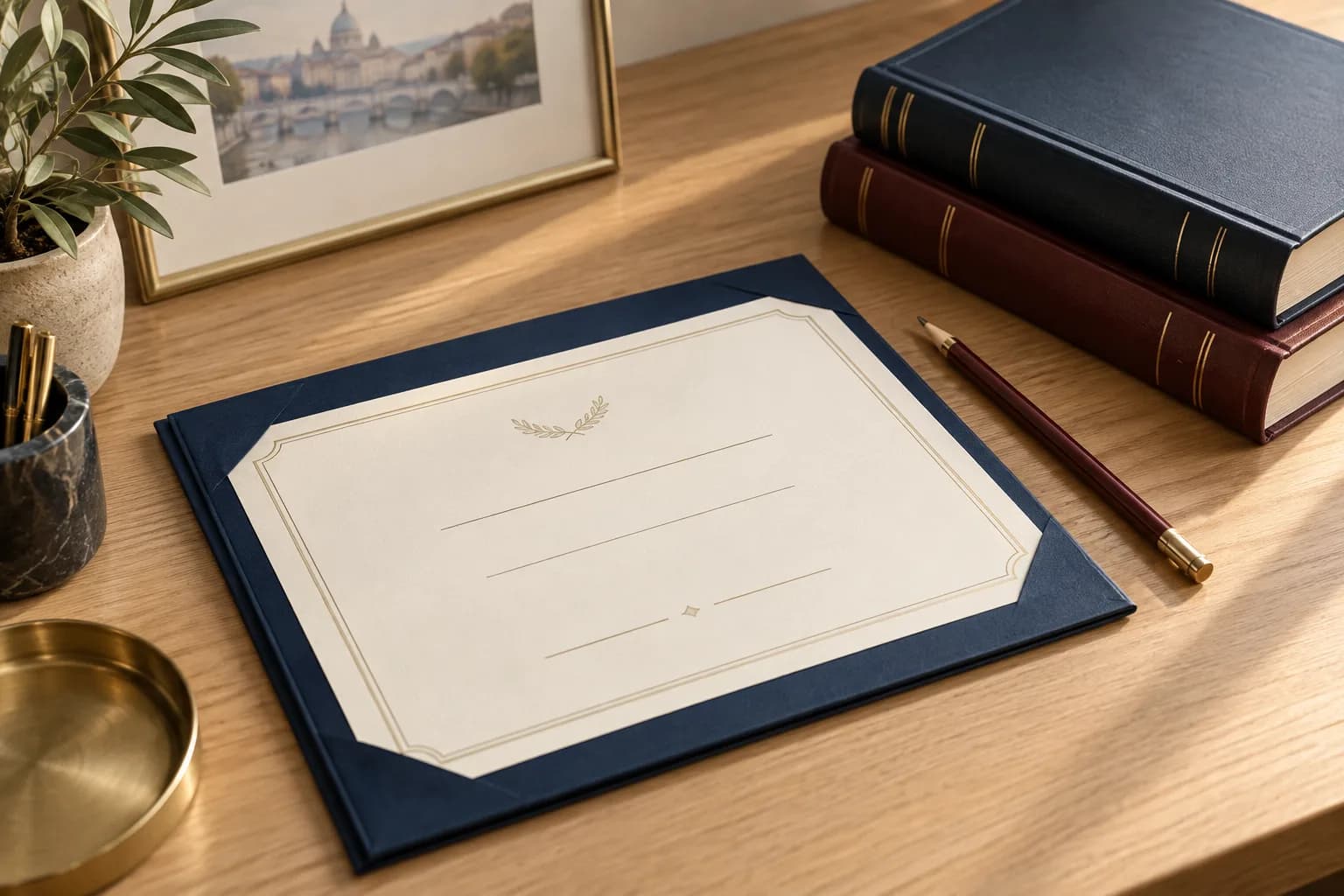Illustrative certificate in a blue folder beside books.