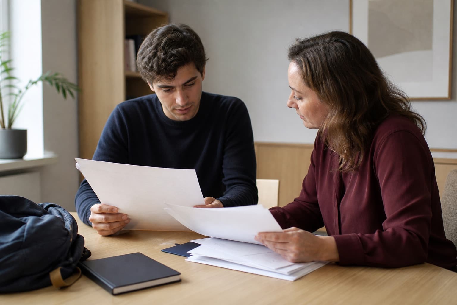 Een man en een vrouw vergelijken papieren boven open mappen op tafel.