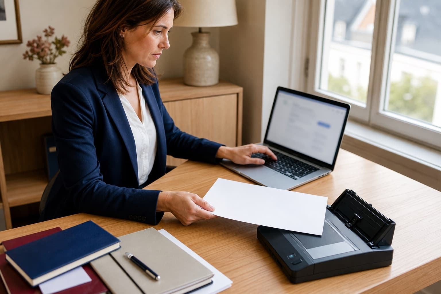 Professionnelle numérisant un document pour une démarche eLegalisation en ligne