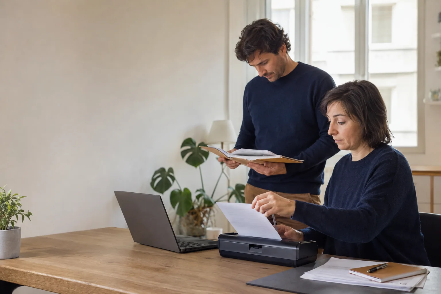 A woman feeds a sheet into a scanner while a man looks at an open folder.