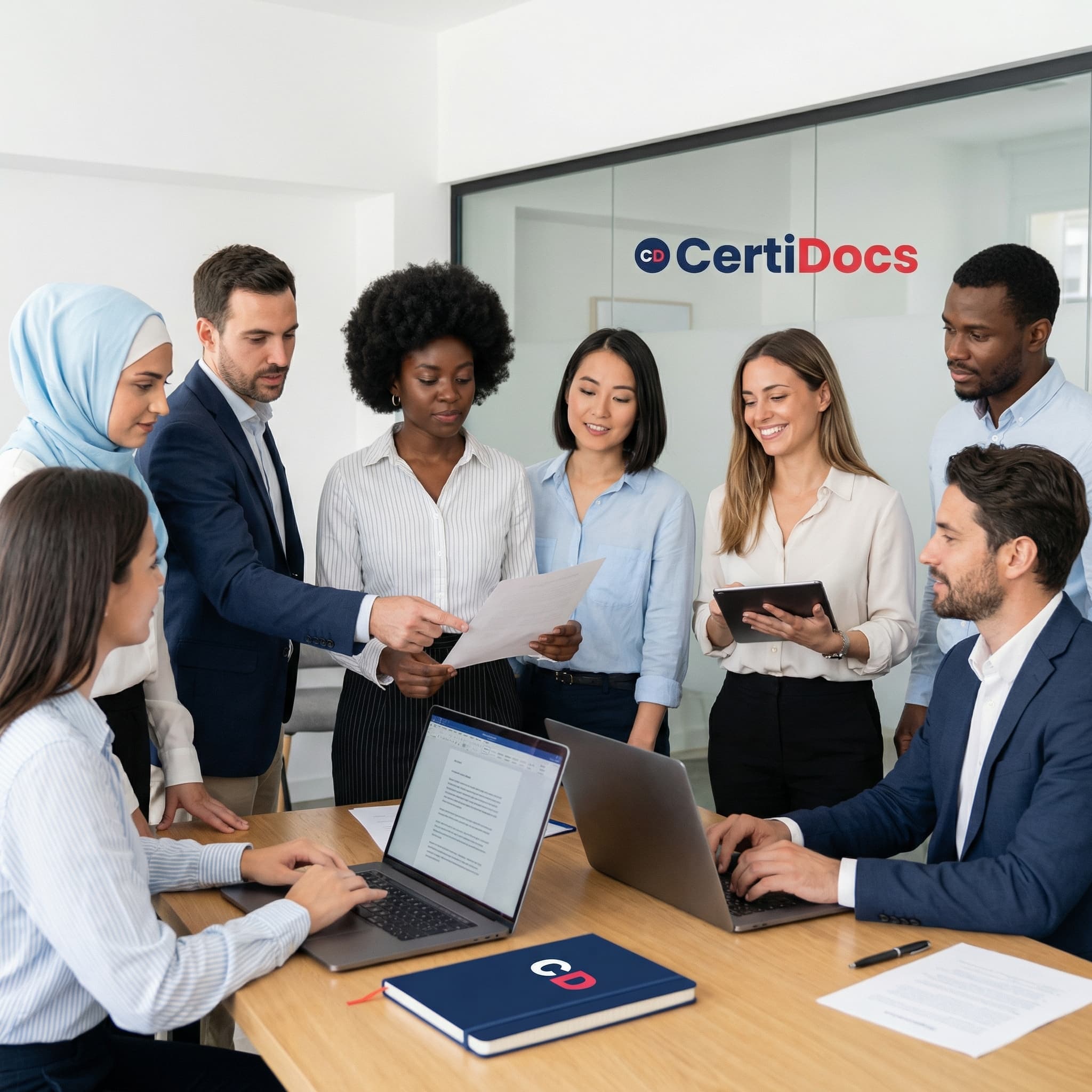 Équipe multiculturelle de traducteurs certifiés CertiDocs collaborant sur des documents officiels en Belgique