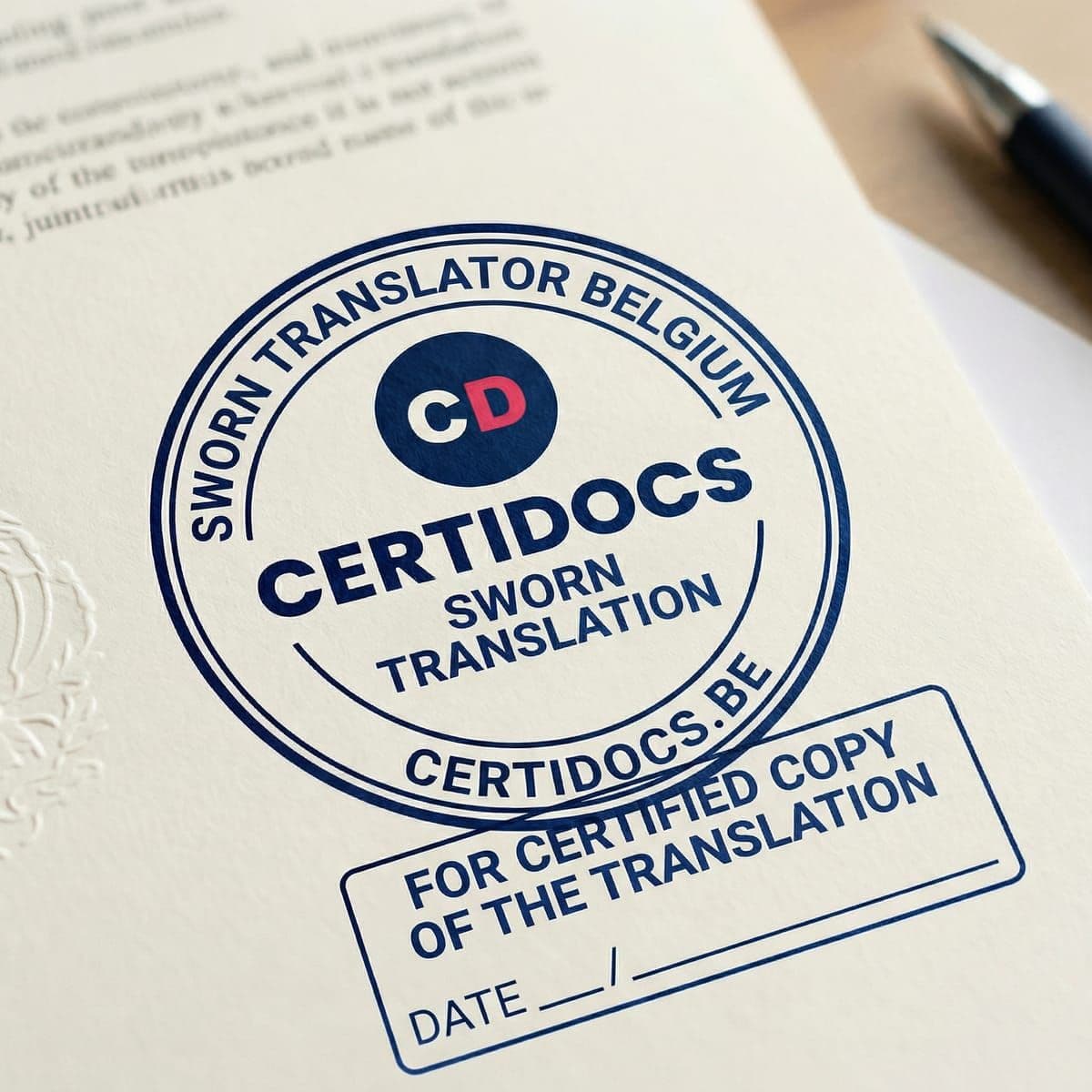 Official CertiDocs sworn translator stamp for Belgium with Sworn Translation and For Certified Copy of the Translation marks