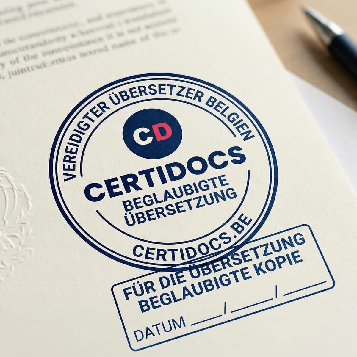 Offizielles CertiDocs-Stempel eines vereidigten Übersetzers in Belgien mit Vermerk Beglaubigte Übersetzung und Für die Übersetzung beglaubigte Kopie