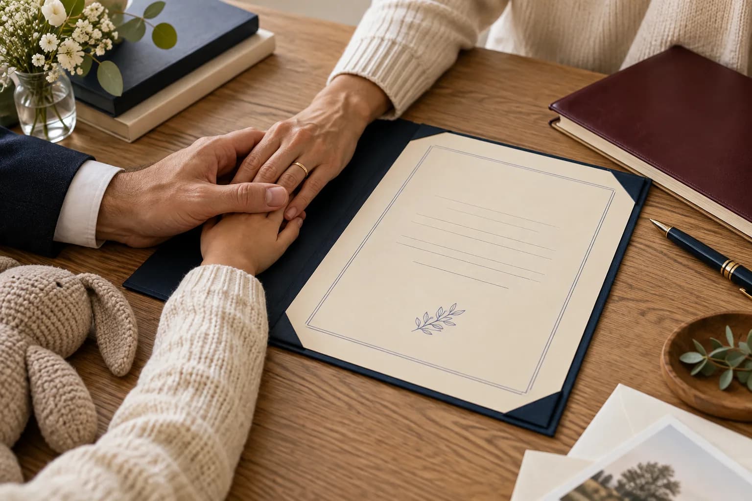 Mains d’un adulte et d’un enfant près d’un acte d’adoption illustratif.