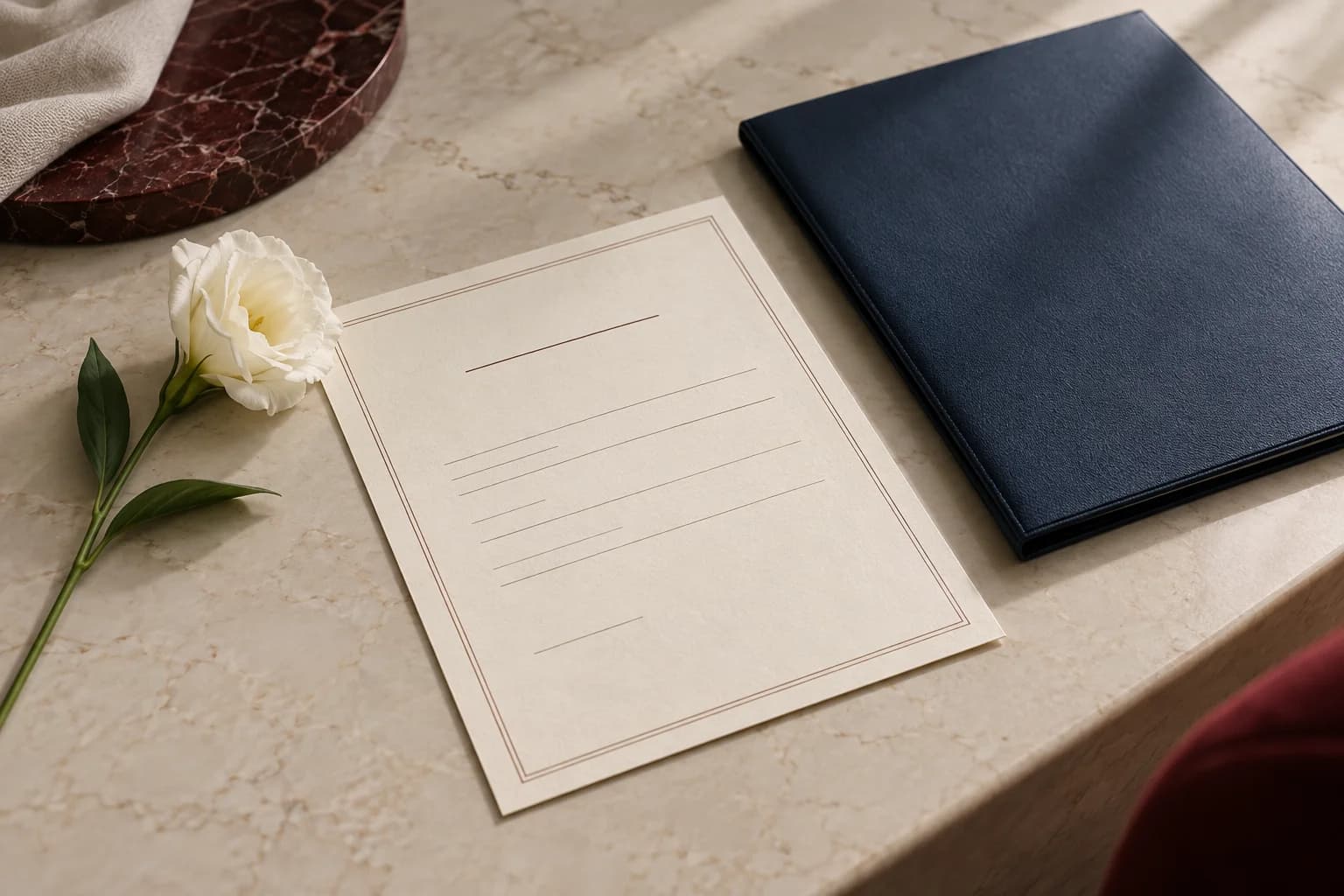 Acte de décès illustratif avec une fleur blanche.