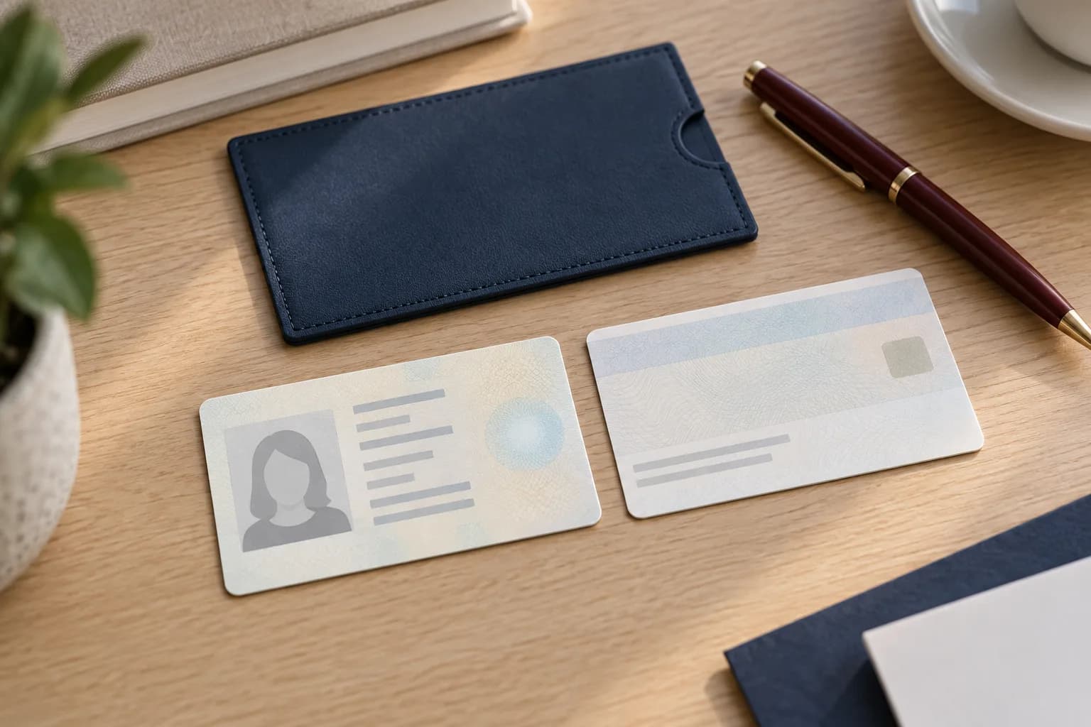 Deux cartes d’identité illustratives, de face et de dos, près d’un étui bleu.