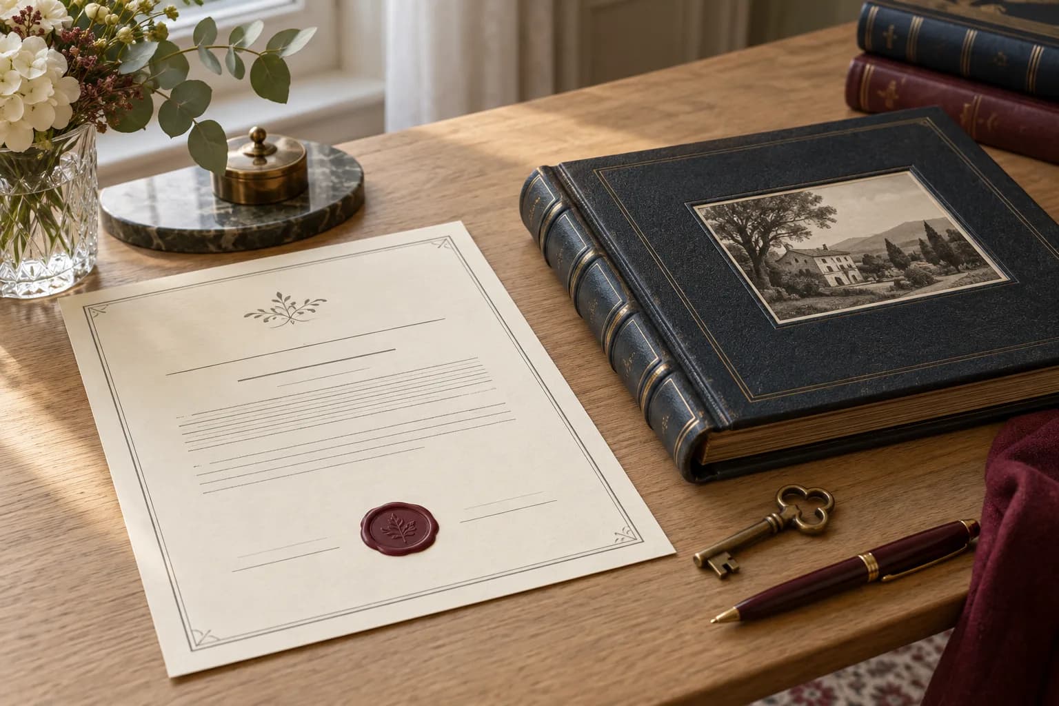 Illustrative certificate with an old album and key.
