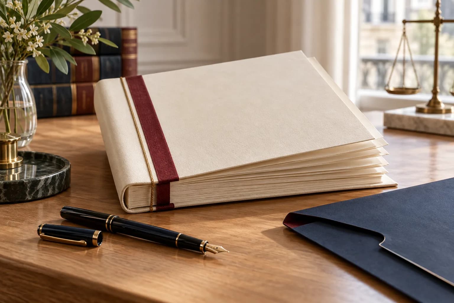 Illustrative bound papers on a blue folder with a fountain pen.