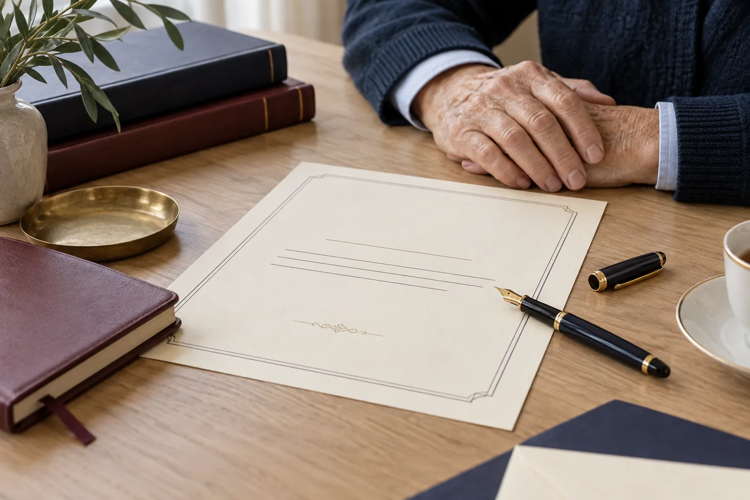 Mains d’une personne âgée au-dessus d’un certificat illustratif.