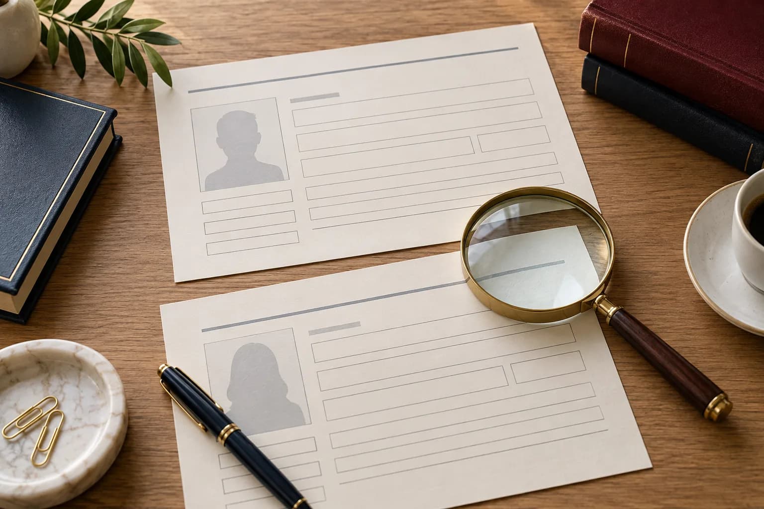 Twee illustratieve identiteitsformulieren met vergrootglas.