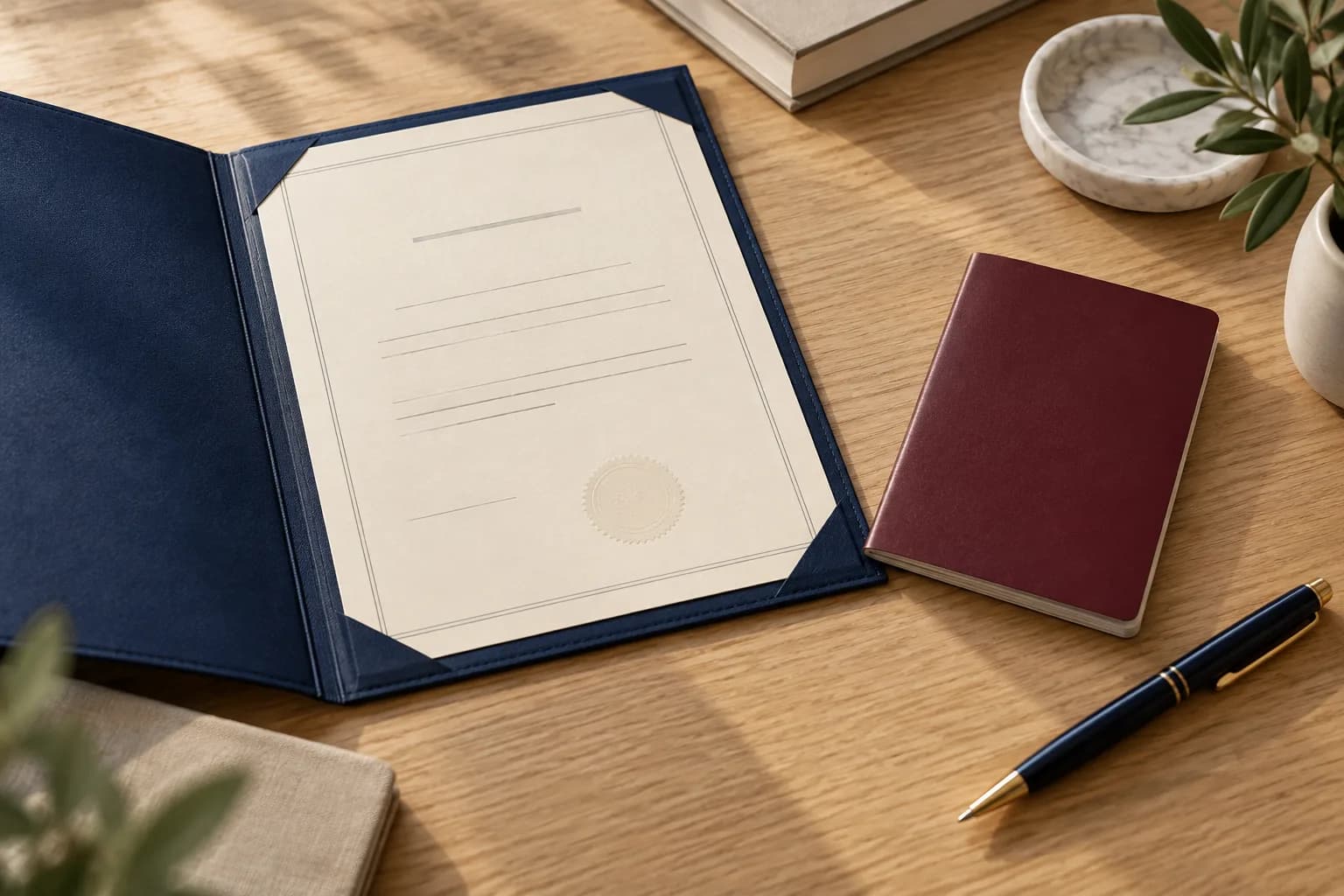 Certificat illustratif avec un livret bordeaux sans inscription.