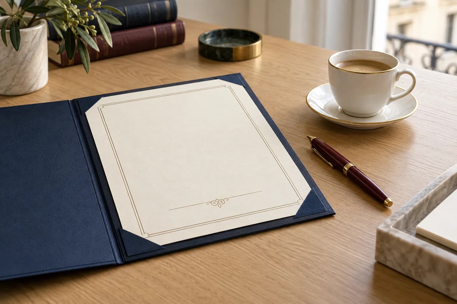 Illustrative certificate in a blue folder with a cup and pen.
