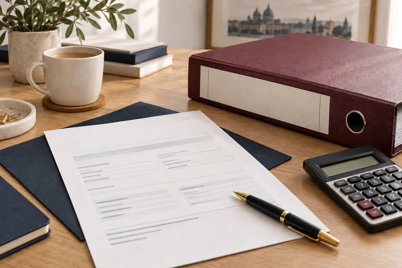 Attestation fiscale illustrative près d’un classeur et d’une calculatrice.