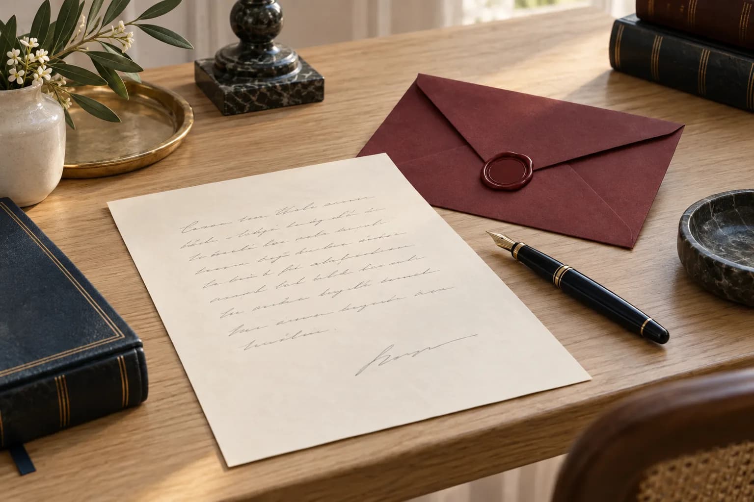 Illustrative handwritten sheet, burgundy envelope and pen.