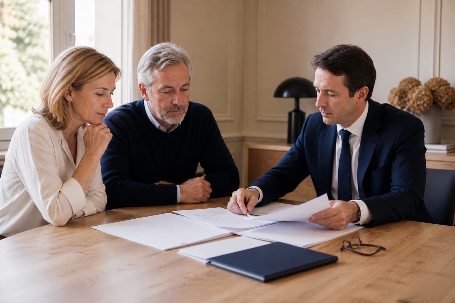 Clients et conseiller examinant un dossier avant un rendez-vous chez le notaire