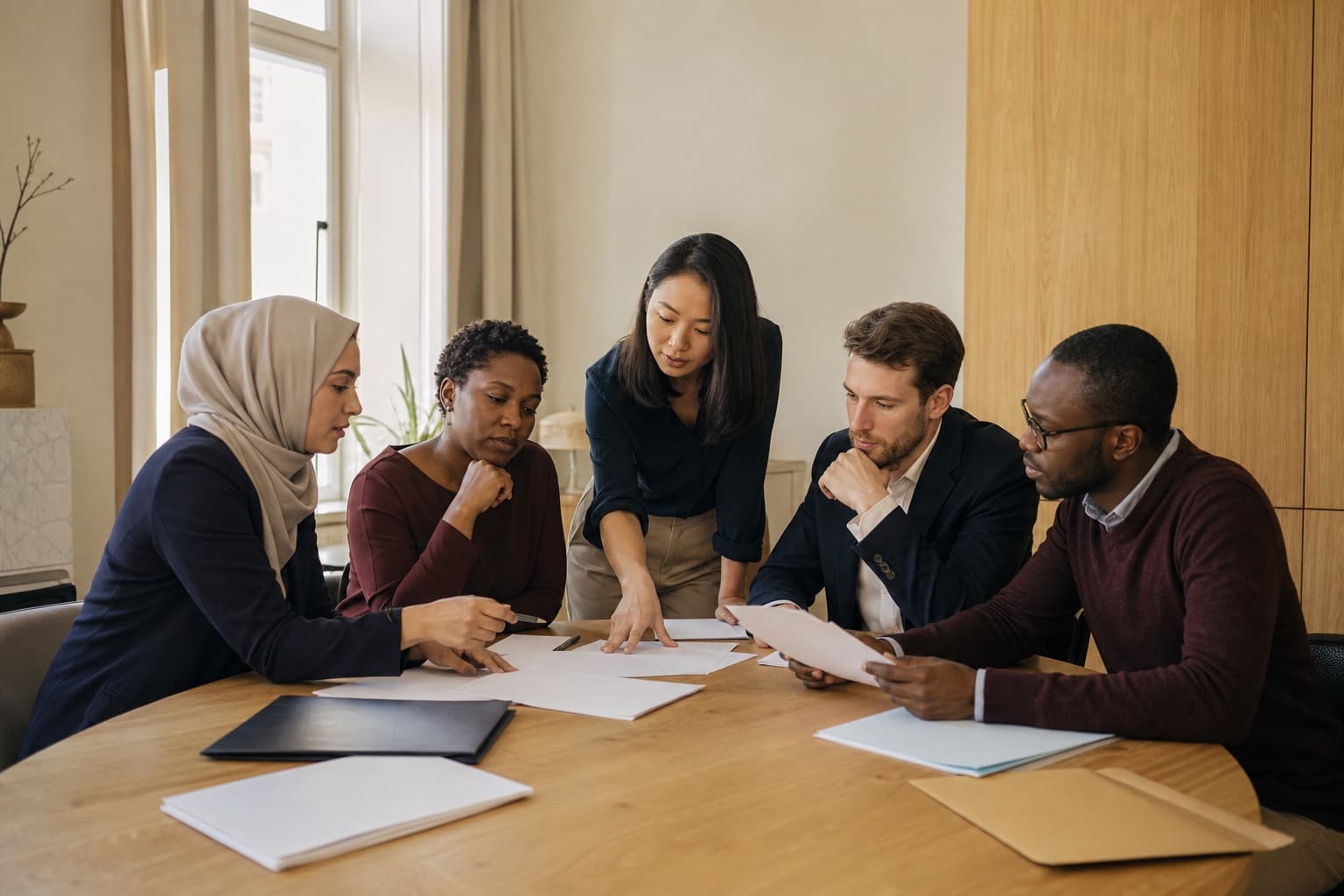Équipe multiculturelle de professionnels de la traduction collaborant sur des documents officiels en Belgique