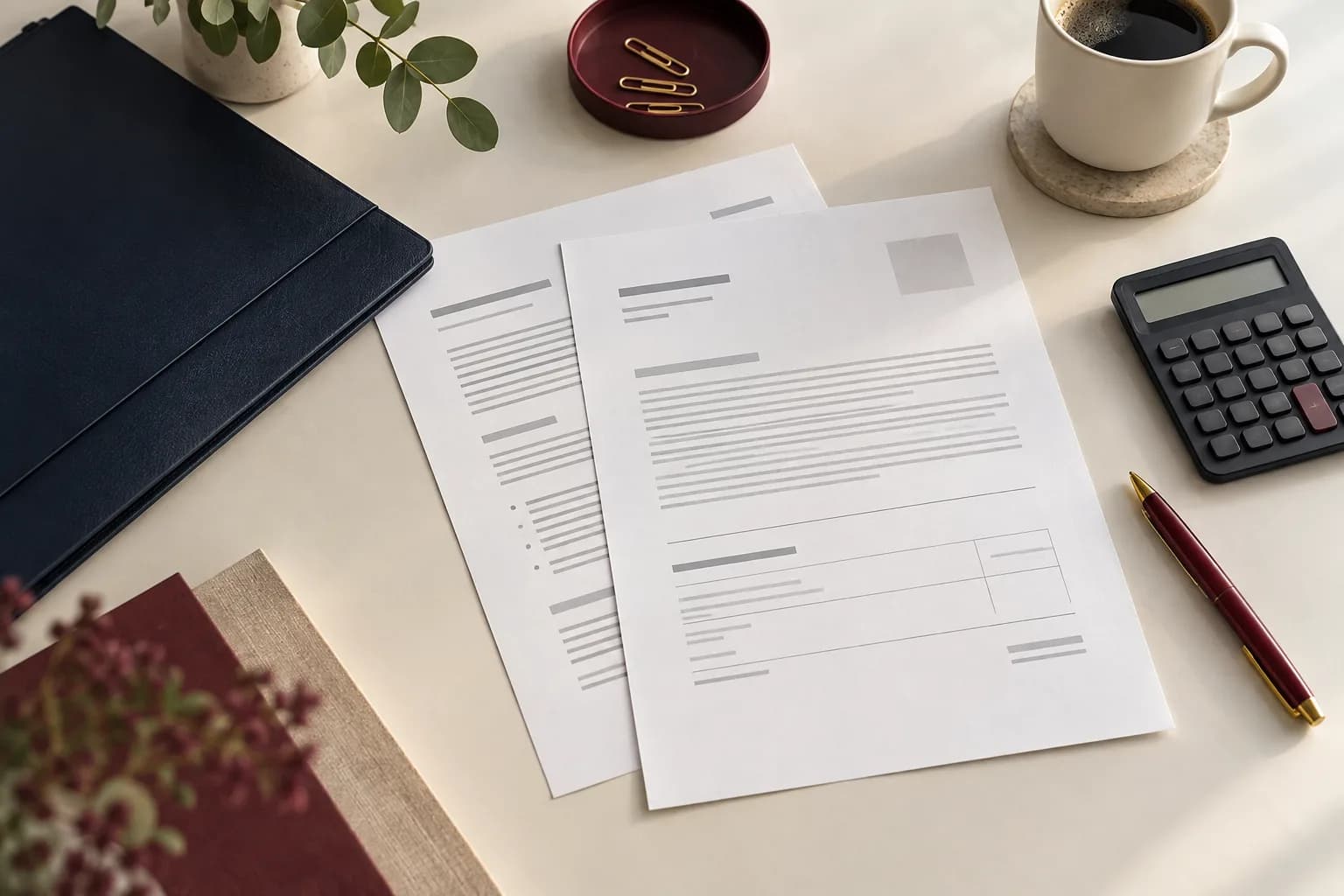 Documents illustratifs, dossier bleu et calculatrice sur un bureau pour préparer un budget de traduction.