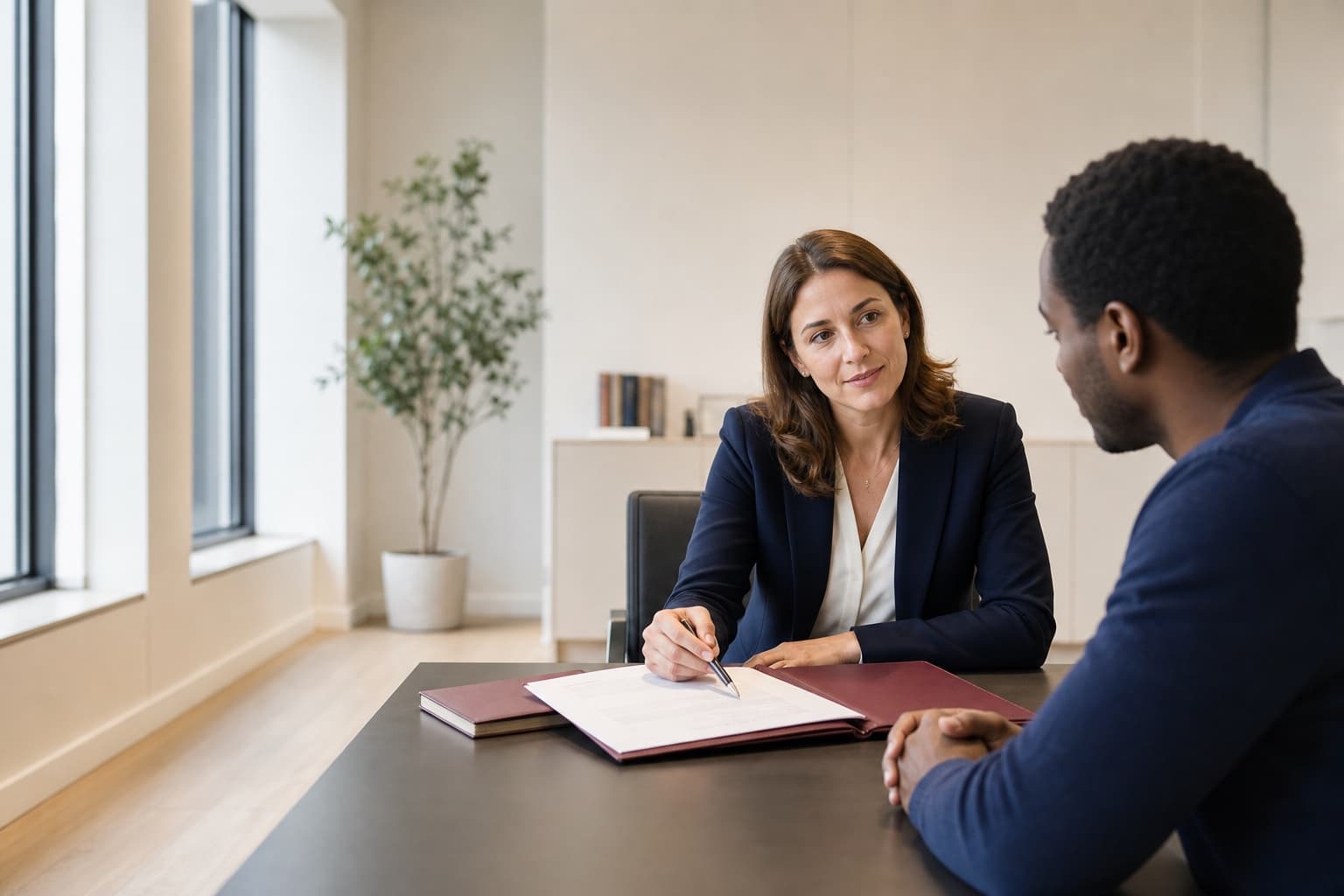 Client et conseillère échangeant sur les exigences d’une traduction jurée en Belgique